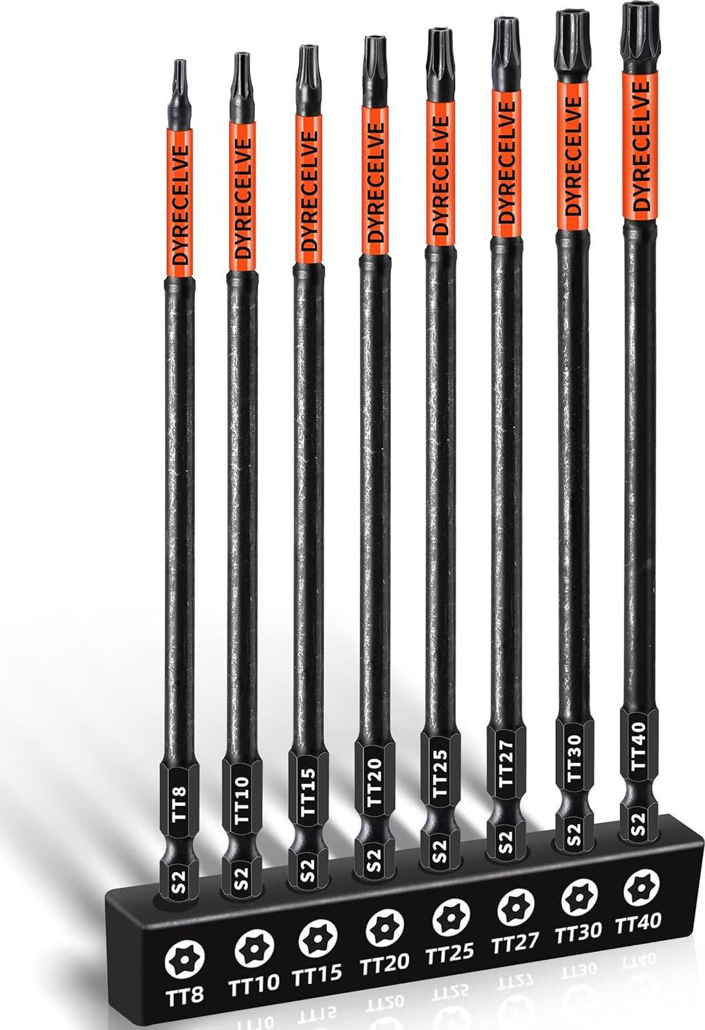 6 Inch Long Torx Bit Set 8-Pack, Impact Torx Bits (T8 to T40), Magnetic Security
