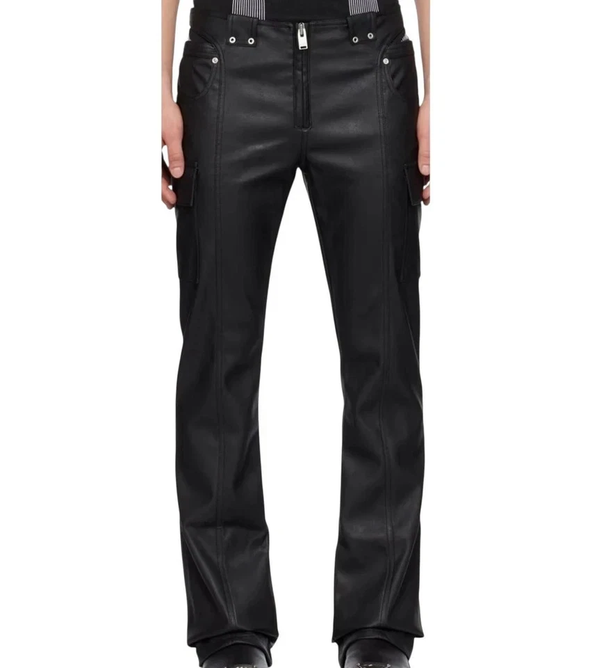 Men's Real Lambskin Soft Black Leather Cargo Pants Straight Fit And Street