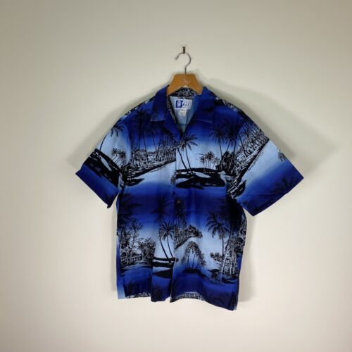 Men's RJC Hawaiian Shirt Sz L Ch 40-42"Hawaii USA Blue Island Print Relaxed FLAW - Picture 1 of 15