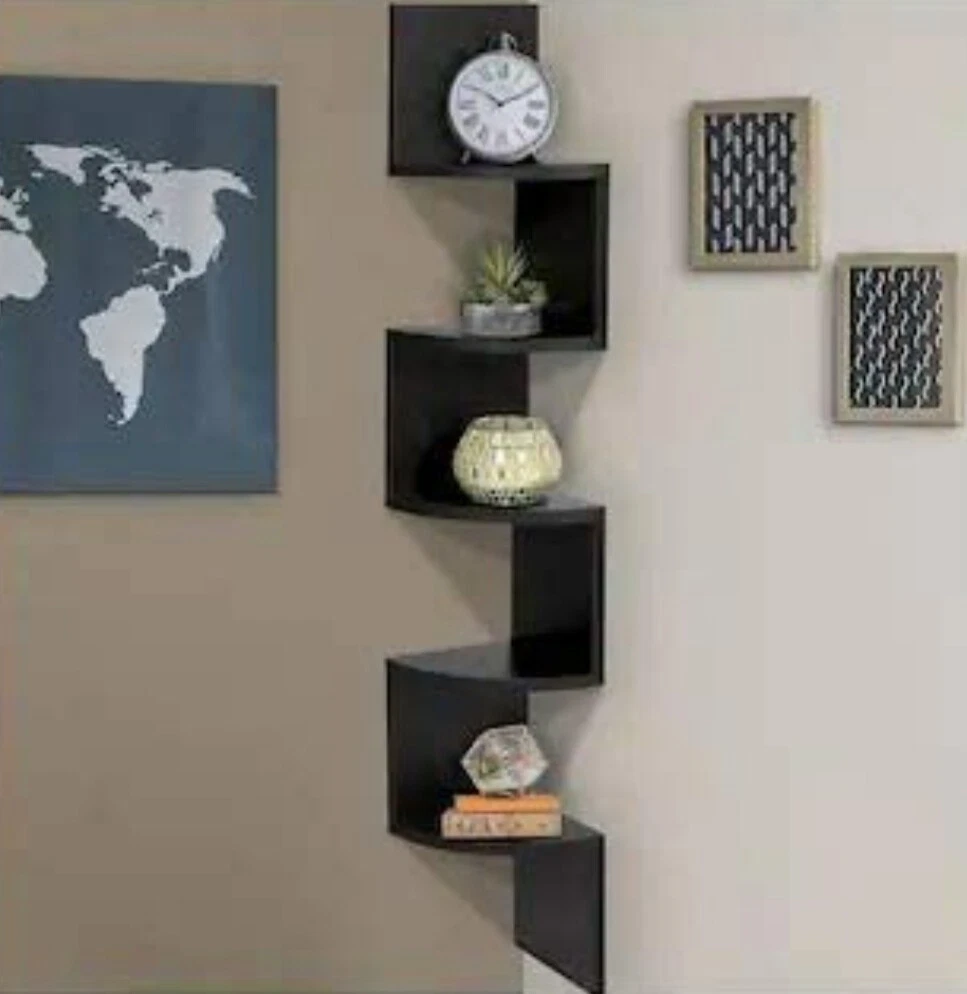 Zigzag Corner Wall Wooden Shelf Modern Style Black 48 Inch Foldable
