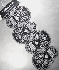 Halloween Skulls Table Runner Dia De Los Muertos Silver Embroidery Sequins