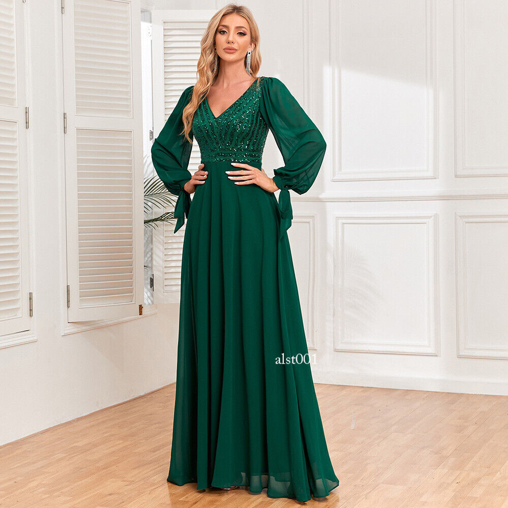 New Long Sleeved Lace Up Dress Womens Double V-neck Chiffon A-line Evening  Gown | eBay