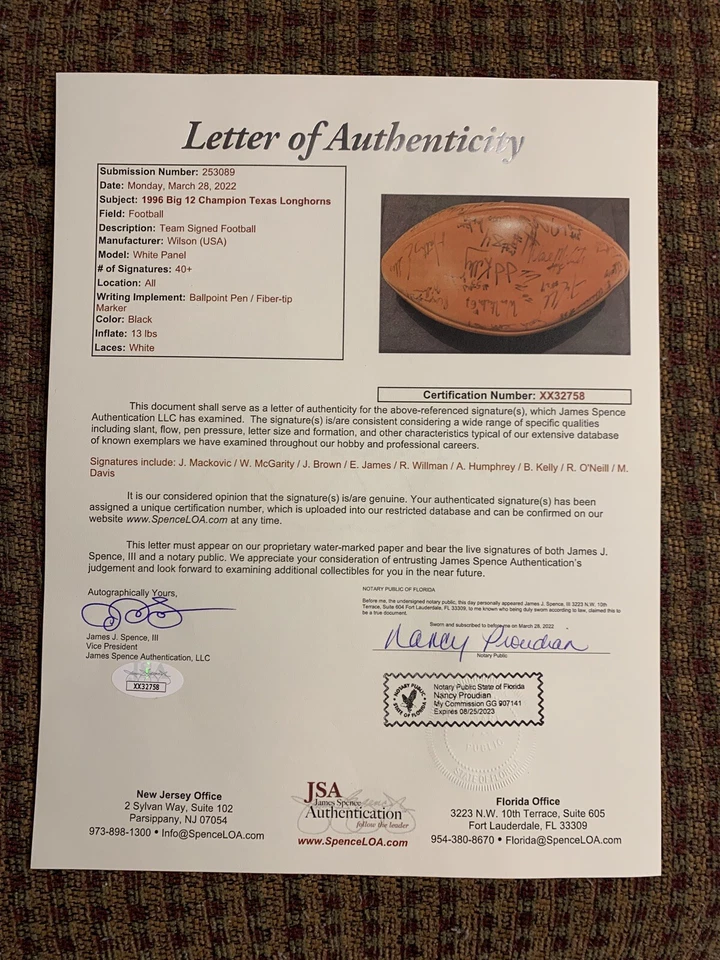 JSA COA 1996 TEXAS LONGHORNS TEAM SIGNED FOOTBALL  (1st BIG 12  CHAMPS) *40+ SIG - Image 2 of 4