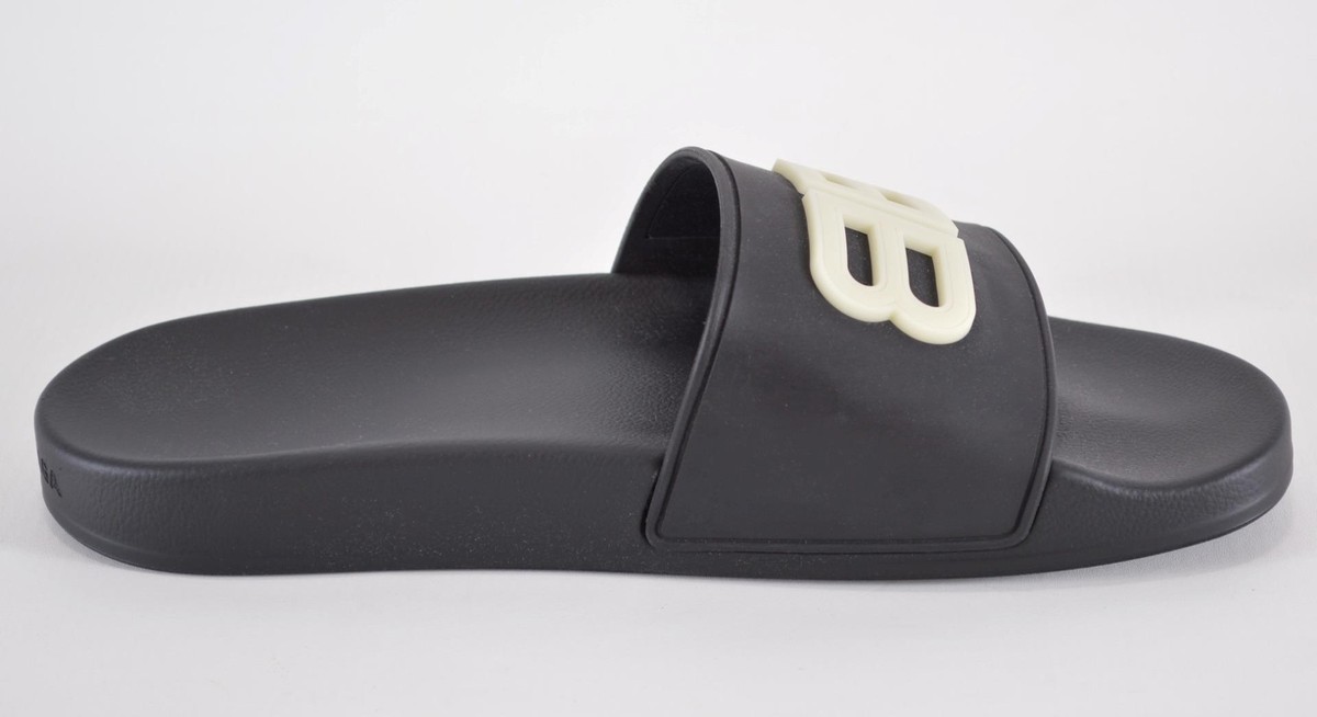 NEW Balenciaga Men's Black GLOW BB Logo Pool Slides Sandals Shoes