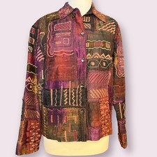 CHICO  S Silk Jacket womens sz 1 bohemian Embroidered Zig Zag Button Up Collared