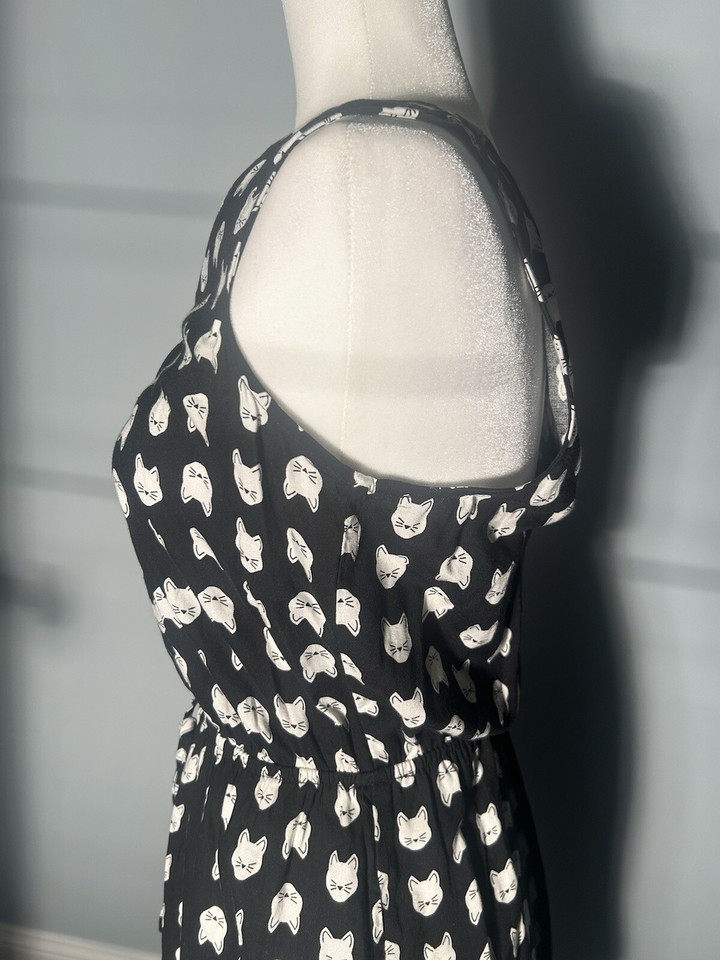 mimi-chica-dress-small-black-cat-lover-white-kitty-elastic-waist-whimsy