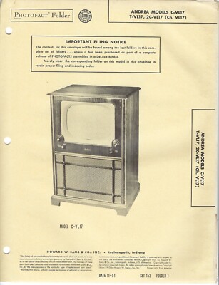 1951 Andrea C-VL17 2CVL17 TVL17 Television Tv Photofact Manual Schematic 2C T