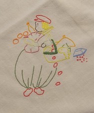 Vtg Large Cotton Kitchen Tea Towel Hand Embroidered 32x35.75" Farmhouse