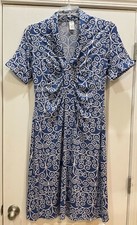 Womens Fit and Flare Dress Size Medium Blue White Gathered at Bodice 36