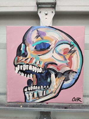 CORBELLIC EXPRESSIONISM 12X12 LAUGHING SKULL HANDMADE SIGN