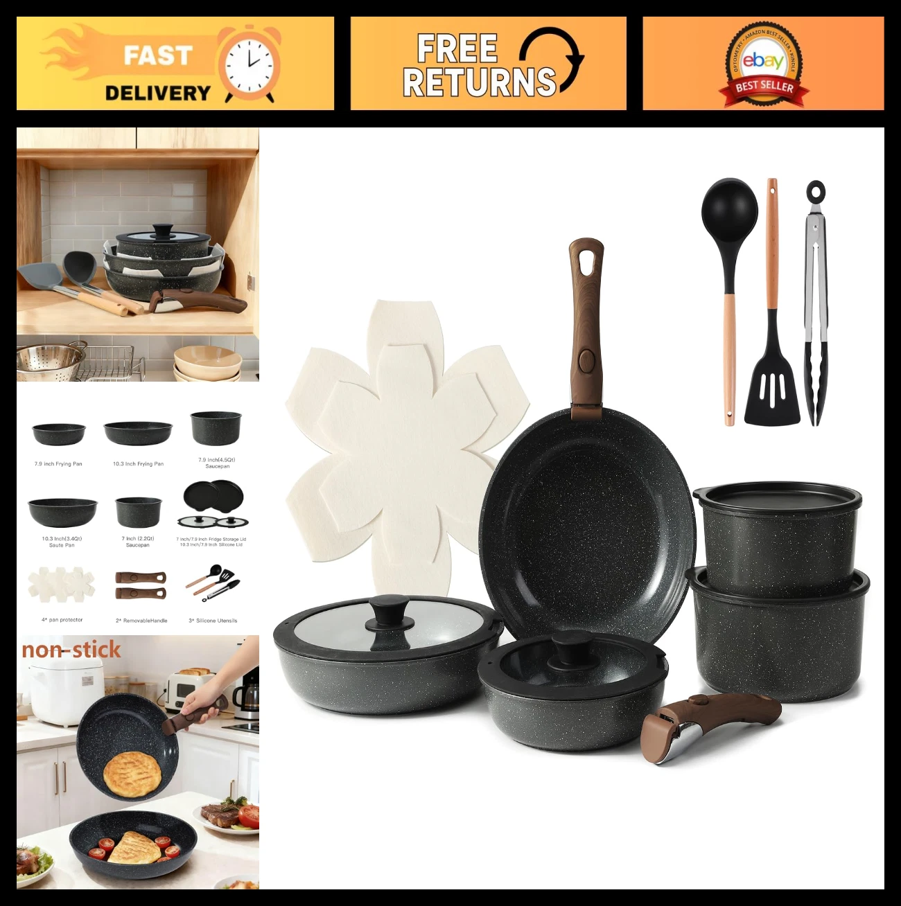 15PCS Non-Stick Ceramic Cookware Set with Detachable Handles - Pots & Pans, Blac