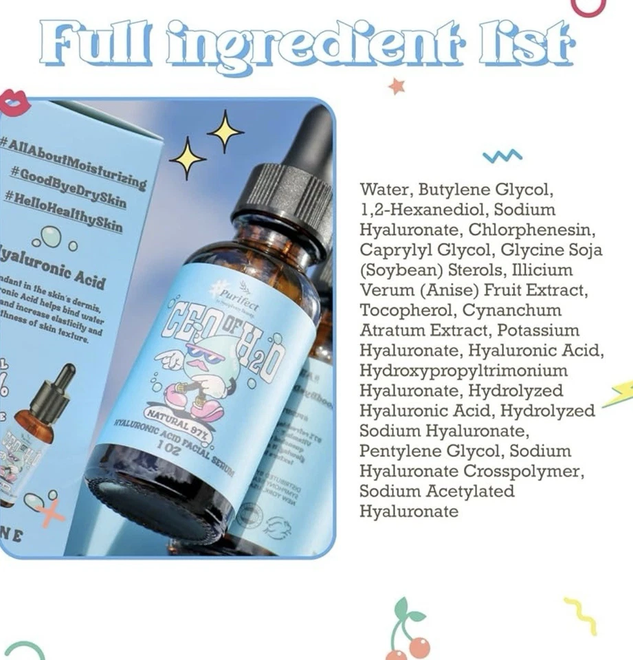 Suero facial PURIFECT CEO de ácido hialurónico H2O 97 % hidratante facial vegano natural Foto 3 de 4