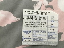 1991-92 TRANMERE ROVERS V NEWCASTLE UNITED MATCH TICKET