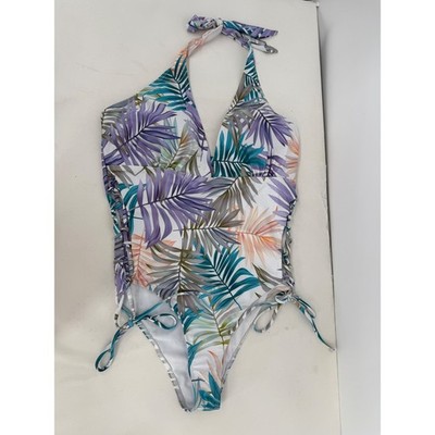 SHEIN Tropical Palm Leaf Print Halter Lace Up One Piece Swimsuit Womens Sz XL