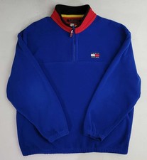Vintage 90s Tommy Hilfiger Blue Red 1/4 Zip Fleece Logo Pullover Men's XL