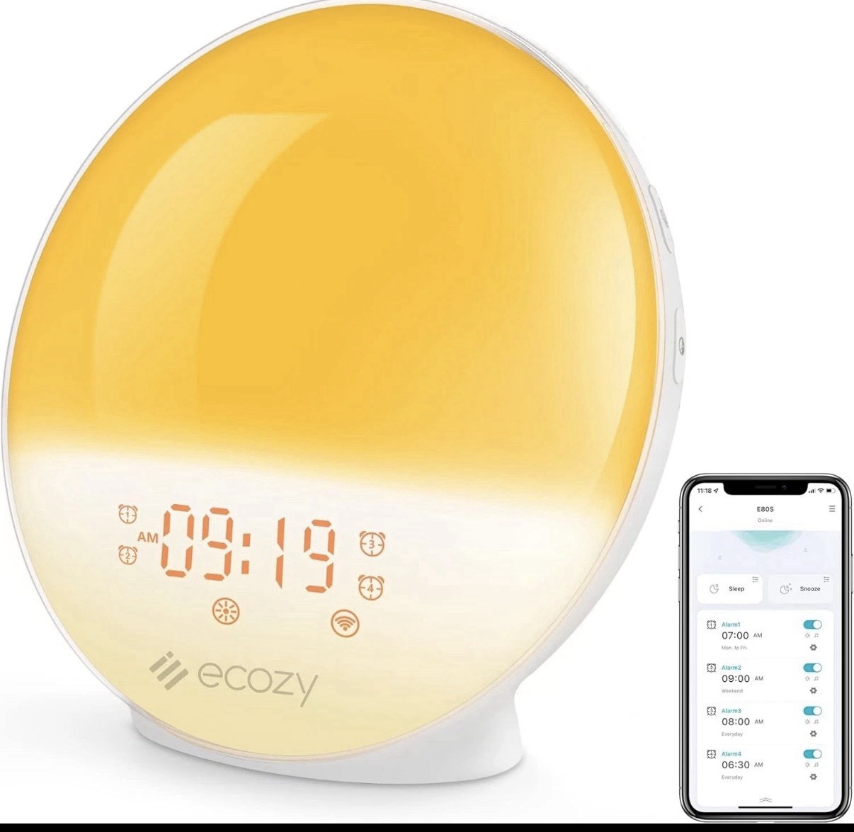 ecozy Sunrise Alarm Clock, Smart Wake Up Light, Sunrise/Suns