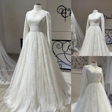 Lace Wedding Dresses Muslim Long Sleeves White A Line High Neck Bridal Gowns