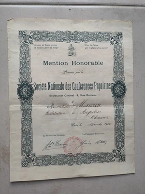 Diplôme Ancien 1906 - Mention Honorable - Charente (Angeduc) - Belle Époque 🍒 - Photo 1/4