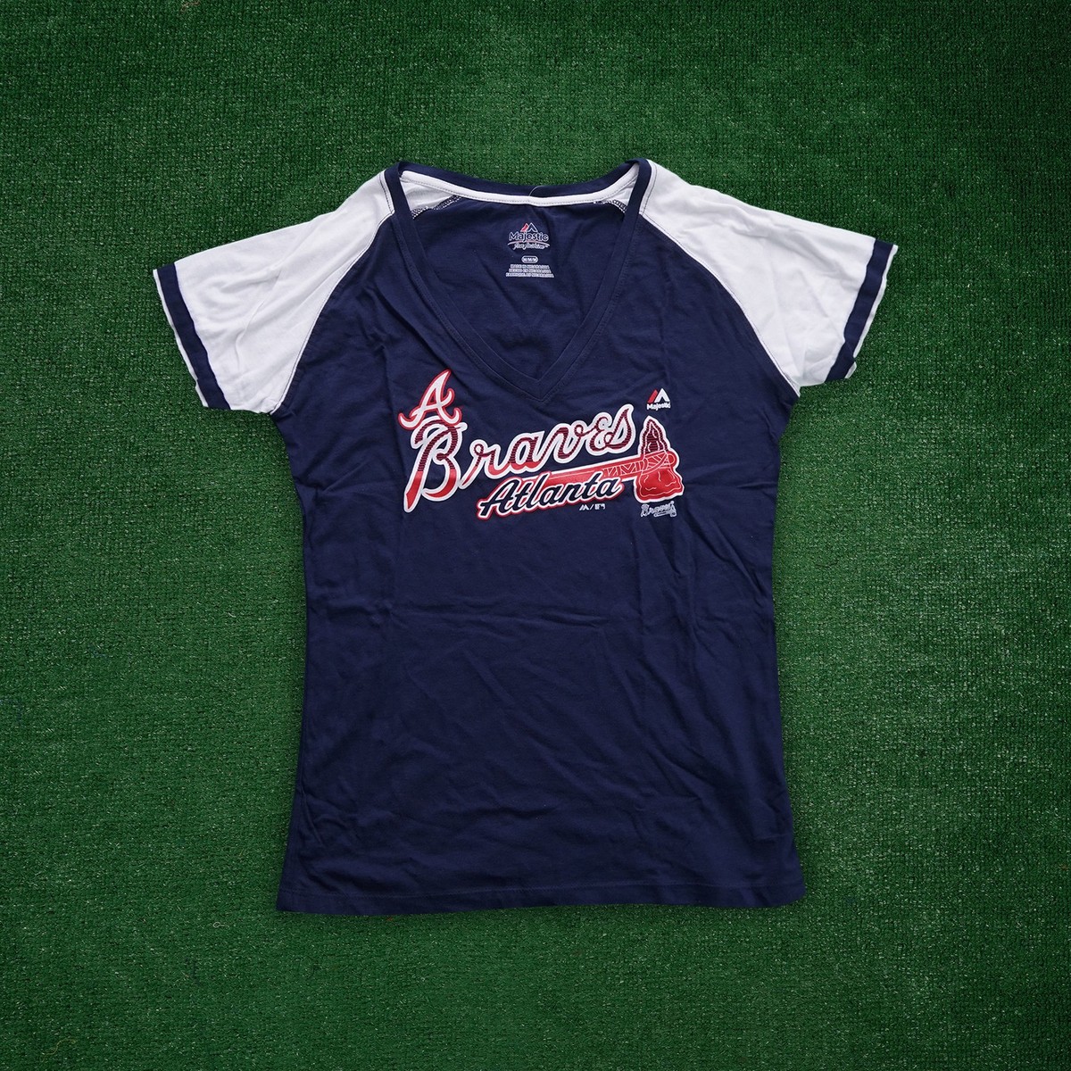 Atlanta Braves Majestic MLB Women's (Navy Blue) V-Neck Team T