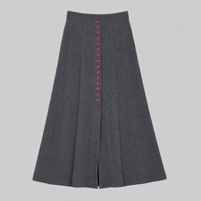 Vintage Gray Ribbed Knit Maxi Skirt Button Front Modest Cottagecore M