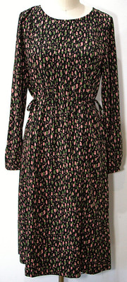Monki Peasant Dress Black Floral Midi Fit & Flare Shirred Waist 36 Long Sleeve