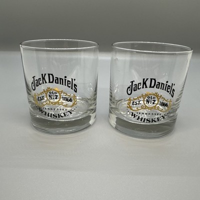 Jack Daniels Whiskey Set of 2 Rocks / Lowball Glasses- Gold/Black 