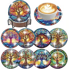 8 PCS Tree of Life Diamond Art Coasters Cork Wooden Pad Diamond Painting Coast