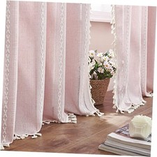 Linen Boho Embroidered Curtains for Girls Bedroom 52"W x 84"L Pack of 2 Pink
