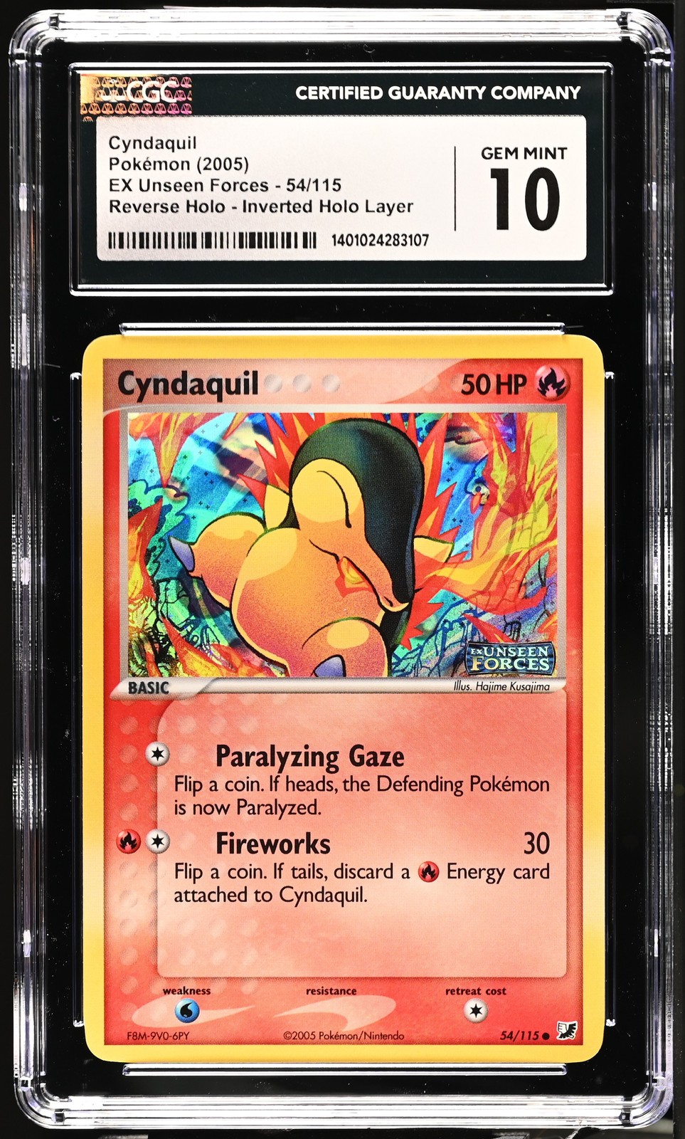 CGC 10 Cyndaquil 2005 EX Unseen Forces #54 Reverse Holo Inverted Layer Pokémon