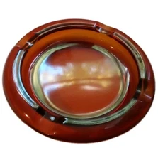 Vintage Cigar Ashtray Amber Glass 8" Round Cigerette Ashtray Sorento MCM Large