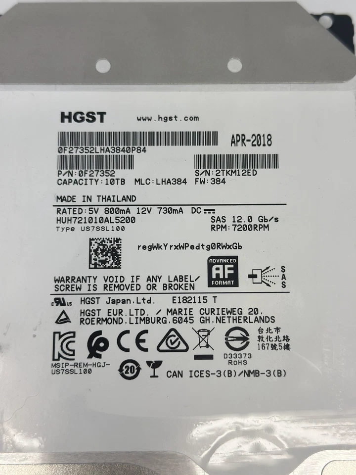 HUH721010AL5200 - HGST 10TB 7.2K SAS 12.0Gb/s HDD -Hard Drive /Apr-2018 7200RPM - Image 2 of 4