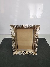 Vintage Ornate Filigree Gold Tone 5x7 Picture Frame Open Work Scroll White Wash