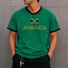 T-shirt vert Jamaïque col V avec bordure noire taille M