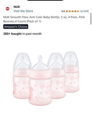 NUK Smooth Flow Pro Anti-Colic Baby Bottle 5oz 4-Pack Pink Bunnies New