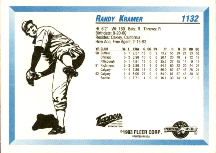 1993 Edmonton Trappers Fleer/ProCards #1132 Randy Kramer Oakley California Card - Image 2 of 2