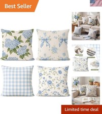 Set of 4 Hydrangea Floral Pillow Covers 18 x 18 Inches Blue White Grid Hydran...