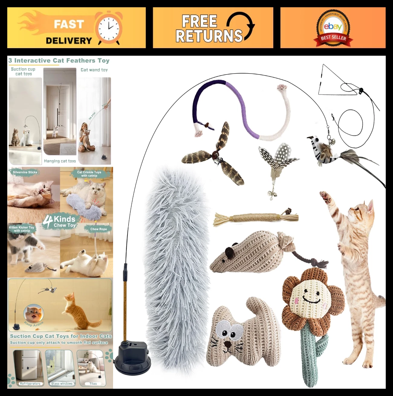 7-in-1 Interactive Kitten Toys Set with Suction Cup, Catnip Chew Rope & Silvervi
