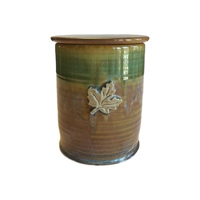 Studio Pottery Ceramic Leaf Appliqué Drip Glaze Canister with Lid Signed