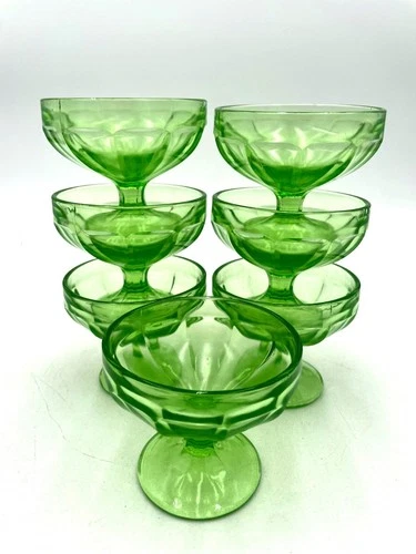 Vintage Green Uranium Glass Dessert Cups Set Of 6 Glows In UV Light Collectibl