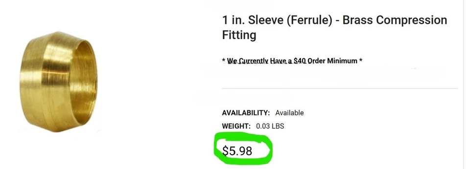 (5) 1” I.D. Brass Compression Sleeve Fittings Ferrule Ring for Tubing 16AN [A0S3 - Image 3 of 4