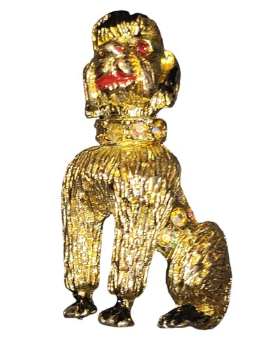 Vintage Poodle Dog Pin Brooch With Jeweled Eyes And Collar MCM - Picture 5 of 6