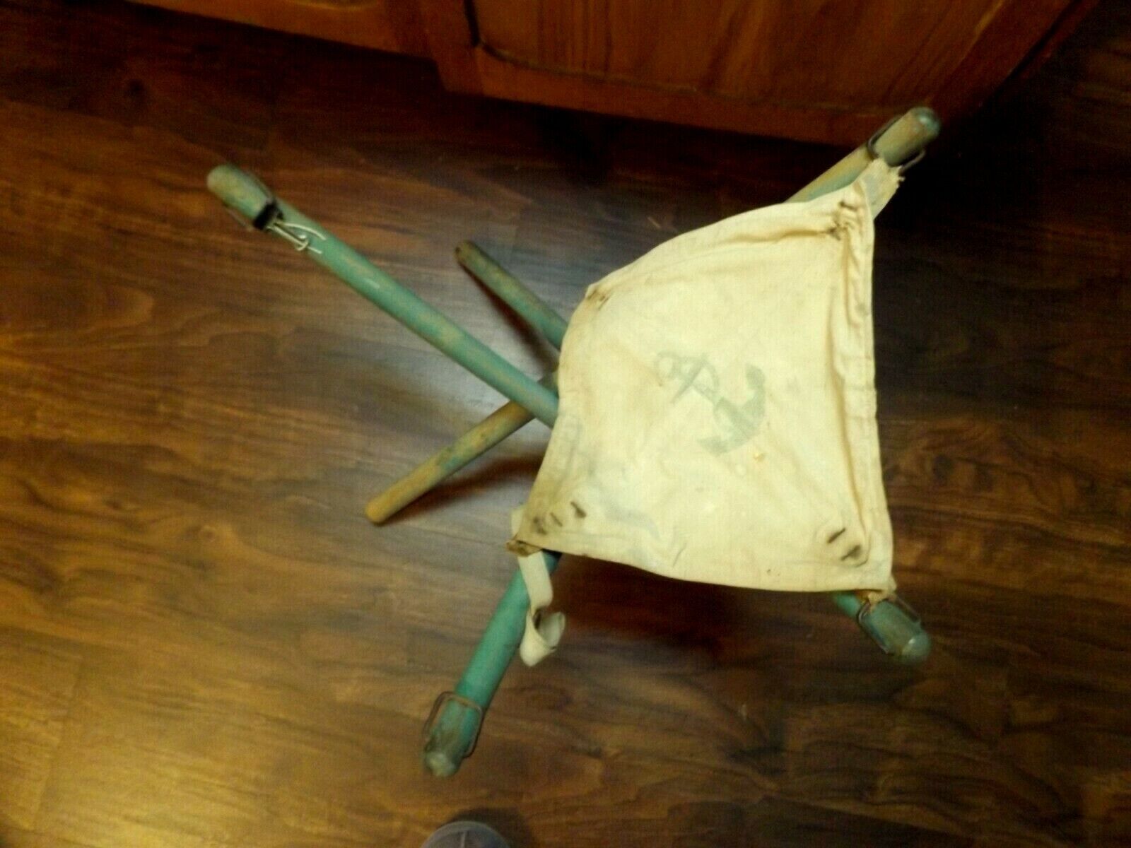 Primitive Vintage Folding Stool For Repair Faded Anchor Print 