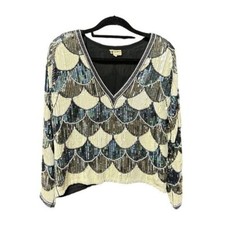 MVintage beaded silk blouse black and white heavily beaded medium