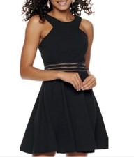 Black Sleeveless Double Strap Party Dress, Sheer Panel Waist & Full Skirt, 13/L