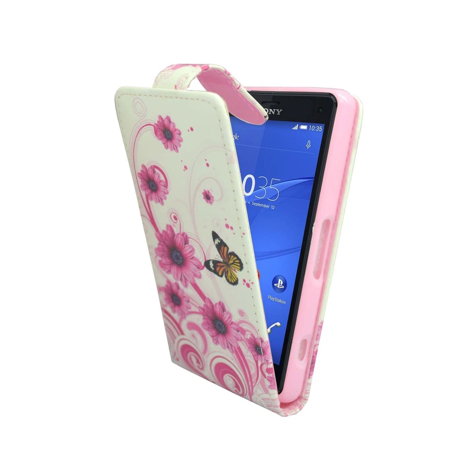 CASE FOR SONY XPERIA Z3 MINI FLIP PU LEATHER WHITE PINK SWIRL FLOWER BUTTERFLY  - Image 2 of 4