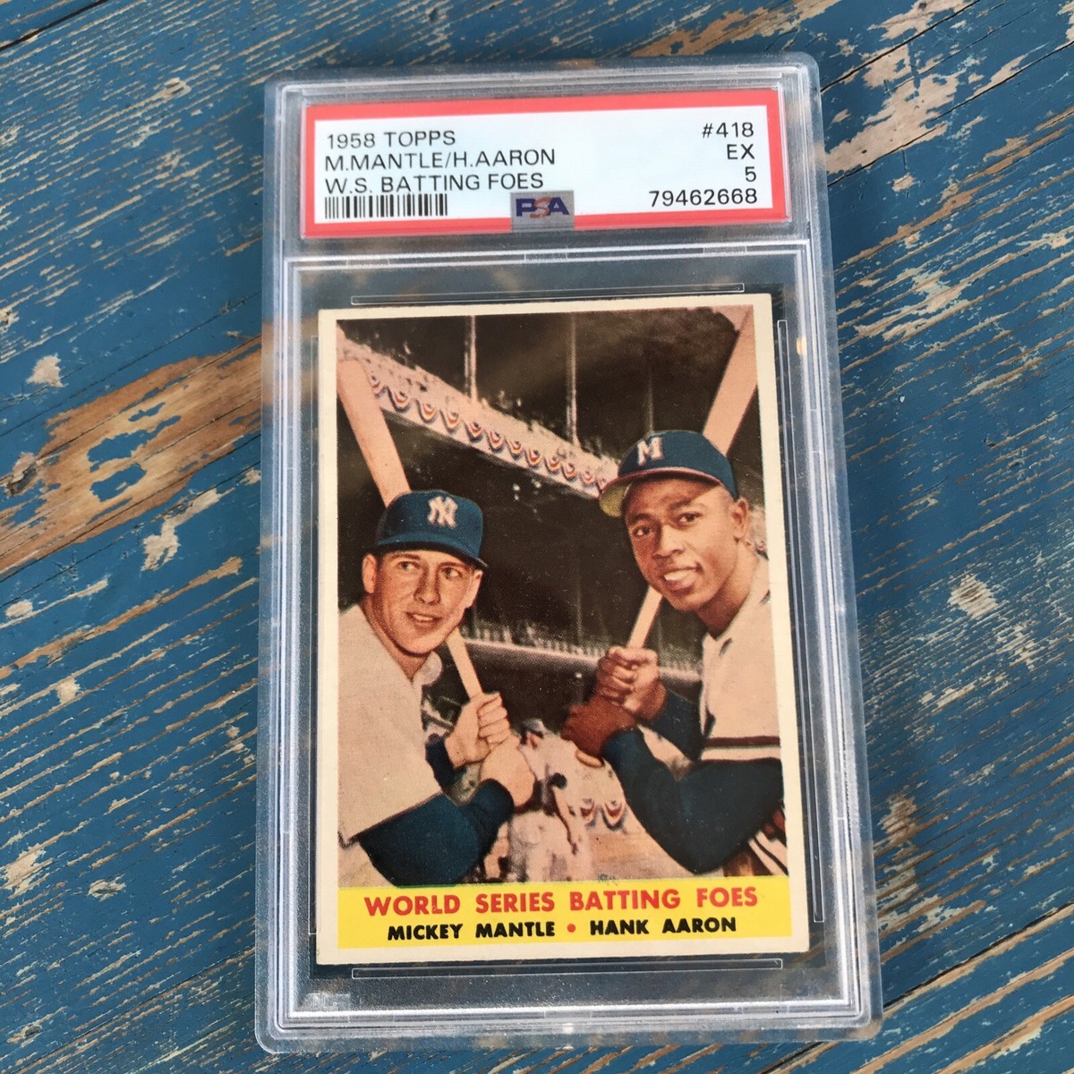 PSA 5 - 58 Topps Mantle/Aaron World Series Batting Foes Card NY