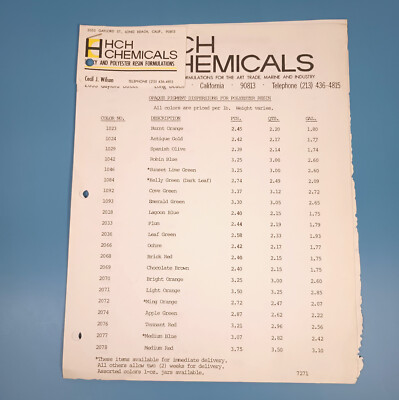 HCH Chemicals Epoxy, Polyester Resin for Surfboards Price List 1970s Surfing
