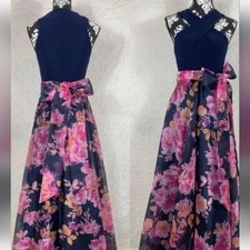 Eliza J Navy Blue Floral Chiffon Maxi Cross Halter Neck Formal Gown w Waist Tie