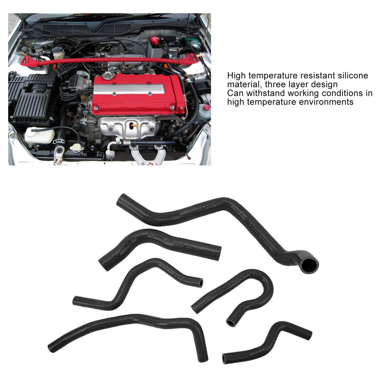 Black 6Pcs Radiator Coolant Hose Silicone Coolant Transfer Tube Kit For