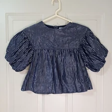 Molo Girls Navy Glitter Stripe Puff Sleeve Top 98/104 (Size 4) Cotton.